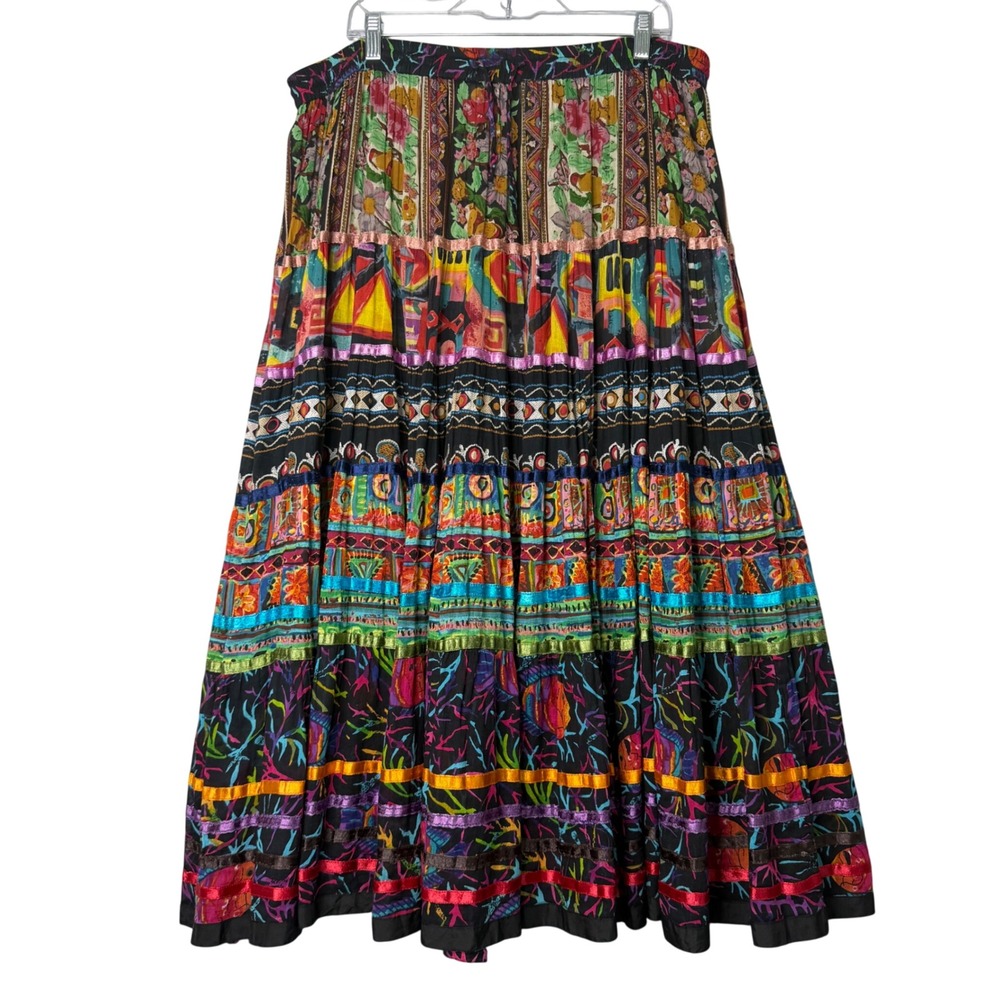 Vintage Anu Boho Midi Skirt Womens L Mixed Print Gypsy Floral Ribbon Trim Tiered